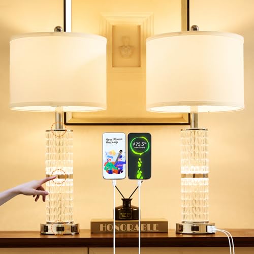 Crystal Table Lamps Bedside for Living Room Bedroom with USB Ports