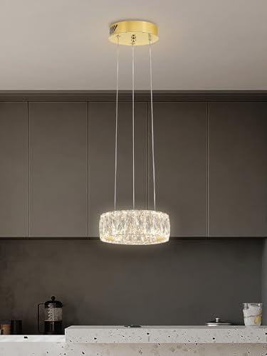 Modern LED Dimmable Crystal Chandelier 8" Ring Gold Pendant Light Fixtures for Kitchen Island Dining Room Living Room