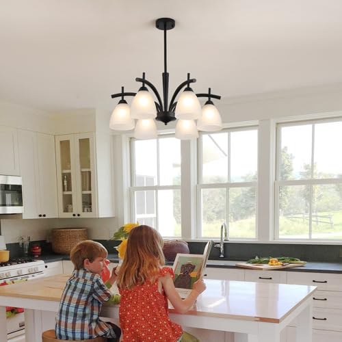 Modern Farmhouse Black Frosted Glass Chandelier Rustic Kitchen Light Fixtures 6 Lights for Dining Room Living Room Foyer Entryway Bedroom UL Listed D25.6 Inches