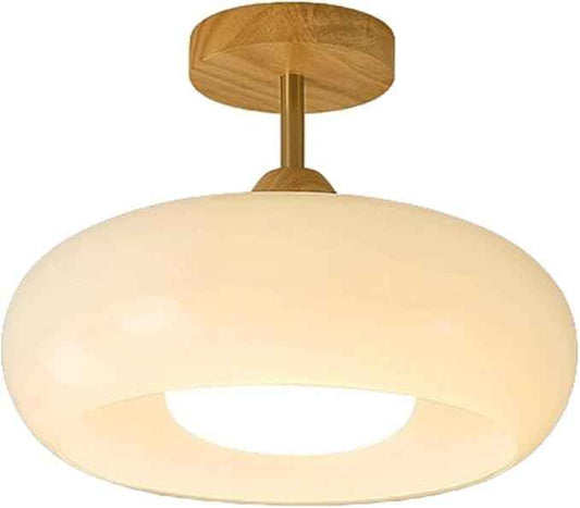 Nordic Bowl Ceiling Lamp, 3-Color Dimming Flush Mount Ceiling Light, with Solid Wood Base and Cream White Glass Shade Circular Light Fixture, for Hallway, Entryway, Bedroom, Foyer