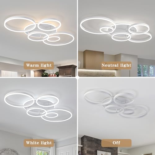 Modern LED Ceiling Light White Flush Mount Ceiling Lights Fixtures Dimmable 47" Dining Room Light Fixture with Remote 6 Rings Kitchen Lighting Fixtures Ceiling Lamp for Bedroom