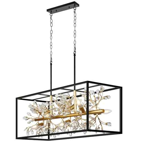 Large Black and Gold Rectangle Chandelier, 8-Light Modern Farmhouse Dining Room Light Fixtures Over Table, Crystal Chandeliers for Kitchen Island Pool Table Room