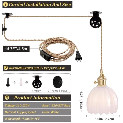 Plug in Pendant Light Hanging Light Fixture Corded On