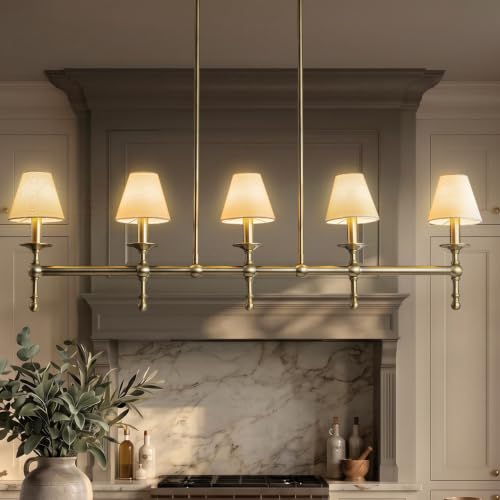 5 Light Brass Modern Linear Chandelier with Fabric Shade for Kitchen Island