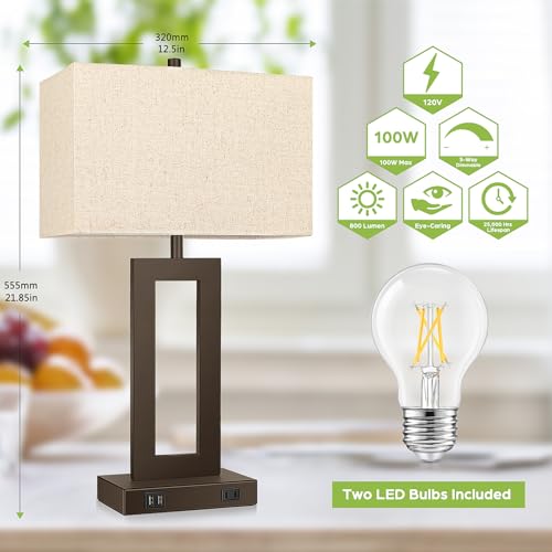 22" Brown Modern Table Lamp Set of 2 with 2 USB Ports&AC Outlet (2 Count)