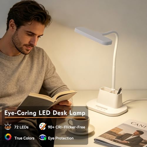 LED Desk Lamp for Dorm Small Desk Lamp with Pen Holder 5 Color Modes White (White)