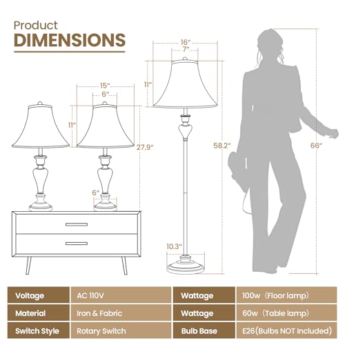 Living Room Vintage Table and Floor Lamp Set of 3 with Brown Shade (3 Count)