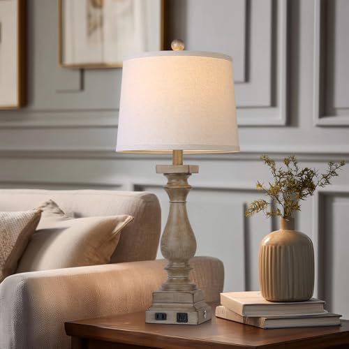 28" Tall Farmhouse Table Lamp with USB C+A Ports and AC Outlet