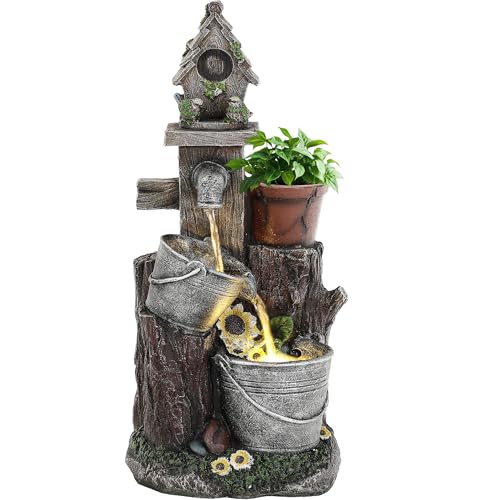 20" 3 Tier Resin Birdhouse Water Fountain with Warm LED Lights