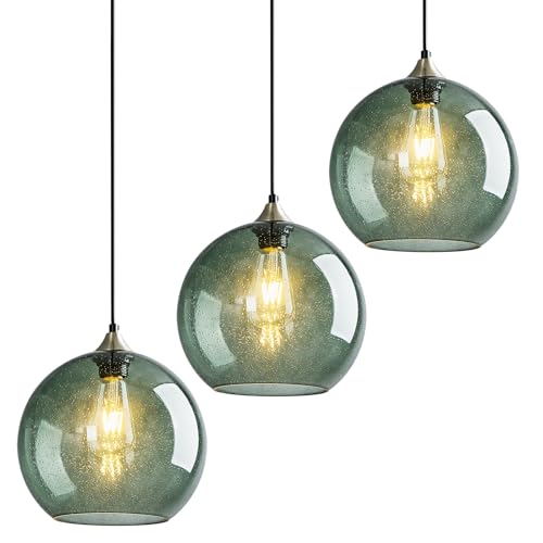 Gray Green Glass Pendant Lights Kitchen Island Lighting Globe Pendant Light Fixtures Modern Pendant Lighting for Kitchen Island Bedroom Living Dining Room Light Fixture (3 Count)