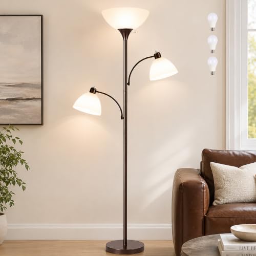 3 Head Torchiere Floor Lamps with 2 Reading Lamp for Living Room (Brown)