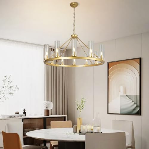 12 Lights Gold Chandelier Wagon Wheel Chandelier with Clear Glass Shade Round Industrial Pendant Lighting Fixture for Stair Living Room Foyer Kitchen
