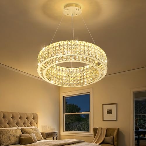 W24 Modern Chandeliers for Living Room LED Dimmable Pendant Lighting High Ceiling Chandelier for Dining Room Foyer Hallway Crystal Rectangle Light Fixtures Gold