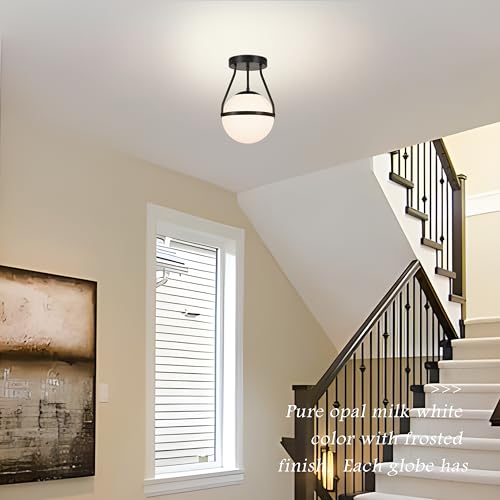 Globe Semi Flush Mount Ceiling Light Mid Century Modern 6" Globe Ceiling Light Fixture with Milk Glass Shade Black Finish for Living Room Hallway Kitchen Island Dining Room Laundry