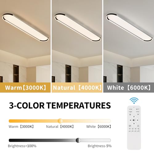 Modern LED Ceiling Light Dimmable Linear Ceiling Light 39.4in Semi Flush Mount Long Lights with Remote Control and Down Lighting for Living Room Kitchen Dining Room Black & Silver