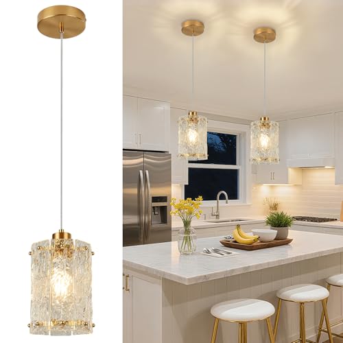 Gold Pendant Lights Kitchen Island 1 Pack Modern Water Ripple Glass Pendant Lights Mini Chandelier Adjustable Hanging Pendant Lighting for Kitchen Island Dining Room Over Sink Table Entryway