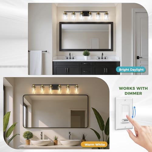 6 Light Black and Gold Bathroom Light Fixture Over Mirror