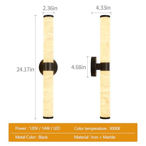 Natural Alabaster Wall Sconces Modern Black LED Wall Lights 24" Spanish Marble Cylinder Sconces for Living Room Bedroom Bathroom Hallway