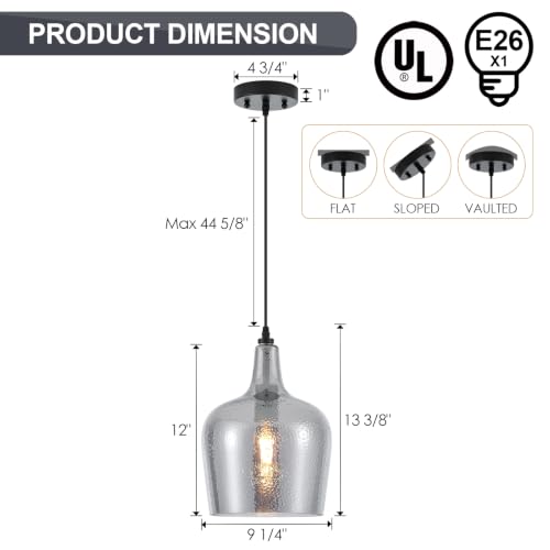10” Large Hammered Glass Pendant Light Modern Smoky Black Dome Pendant Lighting Fixtures for Kitchen Island Dining Room Hallway