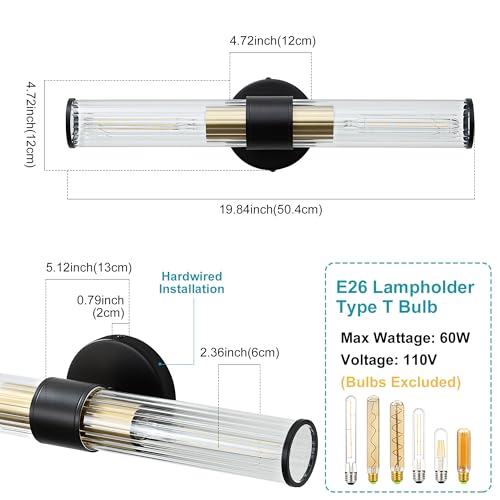 Hardwired Black Gold Vanity Light Threaded Glass Wall Sconce