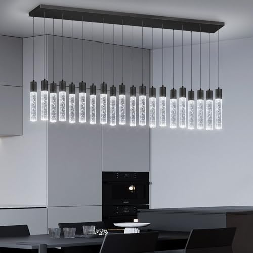 20 Lights Modern Crystal Rectangular Chandeliers LED Pendant Light for Kitchen Island High Ceiling Chandelier for Dining Room Entrance Foyer Living Room Black