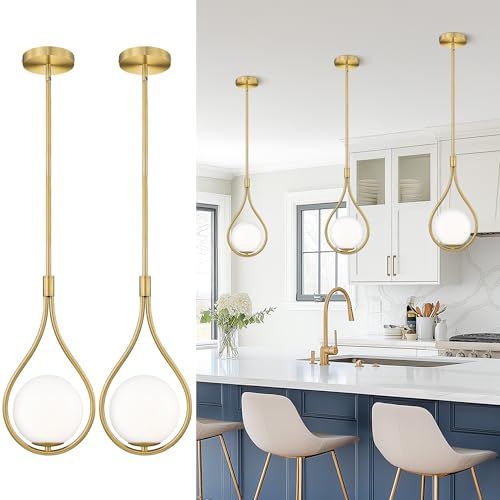 2 Pack 8 Inch Glass Brushed Gold Pendant Lights Kitchen Island