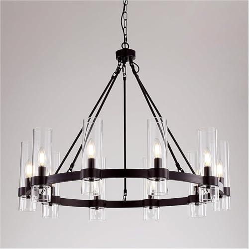 32 Inch Black Wagon Wheel Chandelier with Glass Shade