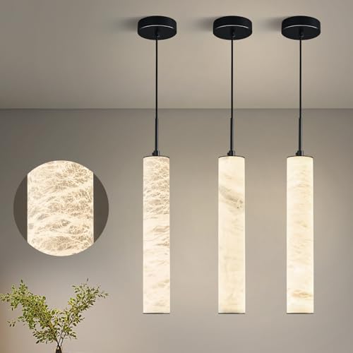 Natural Alabaster Pendant Lights for Kitchen Island White Marble Long Tube Chandelier 4000K Modern Black Ceiling Light Fixtures for Bedroom Dining Room Table Living Room Hallway (3 Count)