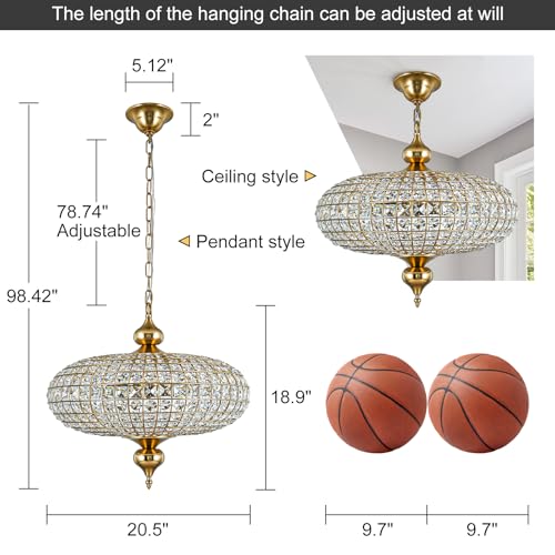 Brass Crystal Chandelier 20.5" Vintage Dining Room Chandelier Over Table