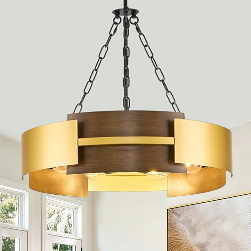 24" 6 Light Industrial Drum Chandelier with Gold Metal