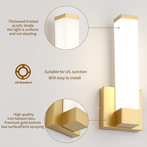 Gold Wall Lights for Bedroom Modern Indoor LED Hallway Sconces Corner Light 12" Inch Height 12W 4000K Bedside Stair Sconces Wall Lighting Lamps 110V AC