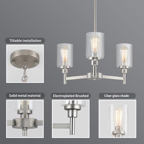 3 Light Brushed Nickel Chandeliers for Dining Room Light Fixture Over Table