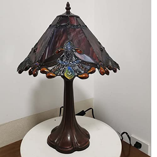 L10021 Baroque Tiffany Style Stained Glass Table Lamp Night Light with 13 Inches Wide Handmade Lampshade Metal Base for Bedside Bedroom Living Room Decoration