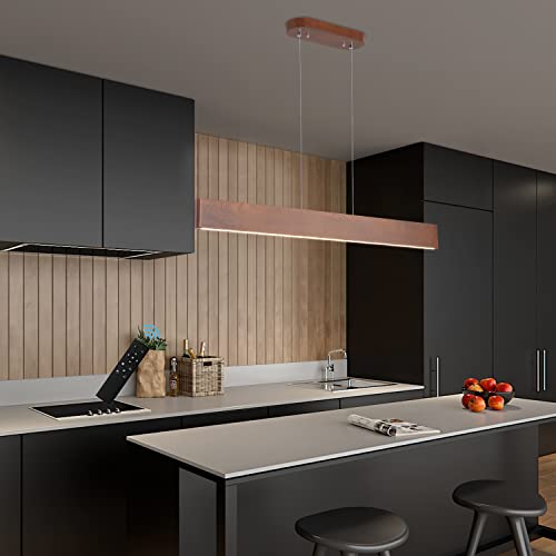 39.4" Wood Linear Pendant Light 24w Led Dimmable Dining Room Light Wood Kitchen Island Pendant Hanging Light for Kitchen Island Office Lights Walnut Color