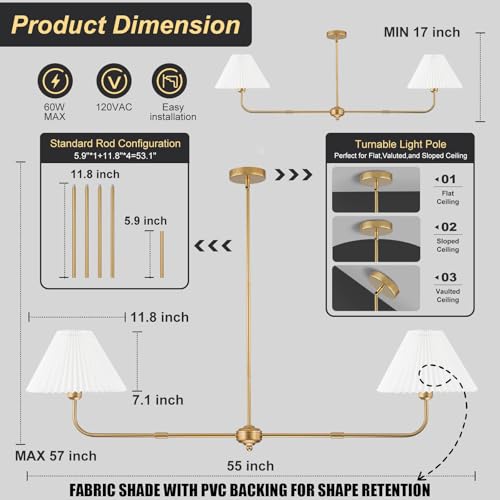 2 Light Gold Linear Chandelier with White Fabric Shade (2 Count)