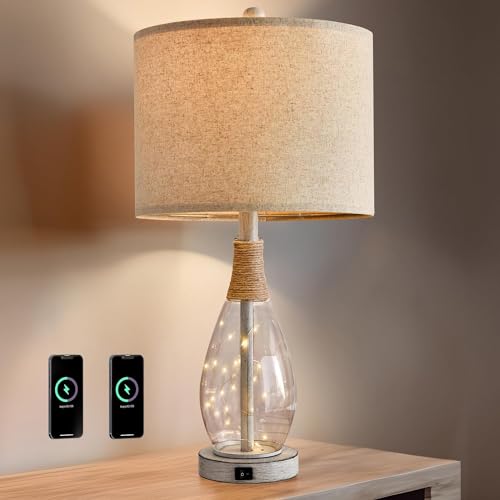23" USB A+C Table Lamp for Bedroom Living Room Modern Bedside Lamps Retro Farmhouse Rattan Glass Nightstand Nightlight Lamps