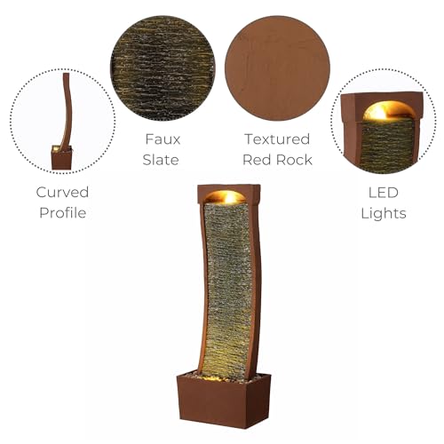 38.5" Indoor Outdoor Modern Curved Faux Slate Waterfall Fountain with LED Lights