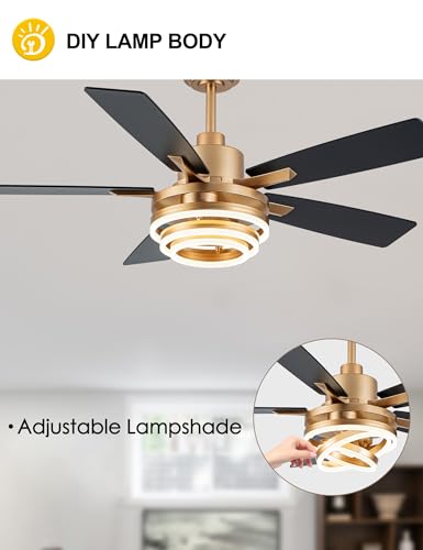 52" Black and Gold Ceiling Fans with Lights Modern Chandelier Fan