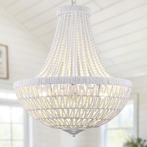 22" Boho Wood Beaded Chandelier Farmhouse Rattan Pendant Light Fixtures Bohemia Large Rattan Chandeliers for Dining Room Living Room Kitchen Island Entryway Foyer
