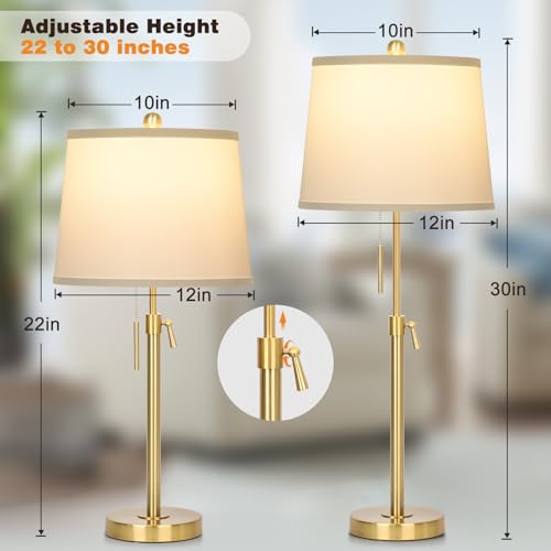 Modern Gold table Lamp 22" to 30"Adjustable Height 3 Brightness Way Brass Nightstand with White Linen Shade Pull Chain Pole Lights for Living Room Guest Bedroom End Table Office
