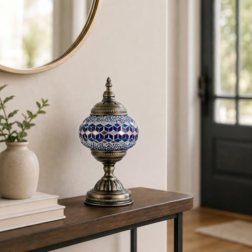 Turkish Moroccan Table Lamp Lantern with Handmade Mosaic Glass Lampshade Tiffany Style Bohemian Stained Glass Decorative Desk Lamps Bedside Night Lights for Bedroom