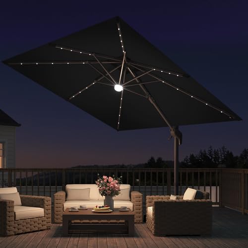 9x9 FT Cantilever Offset Patio Umbrella with Lights & Base