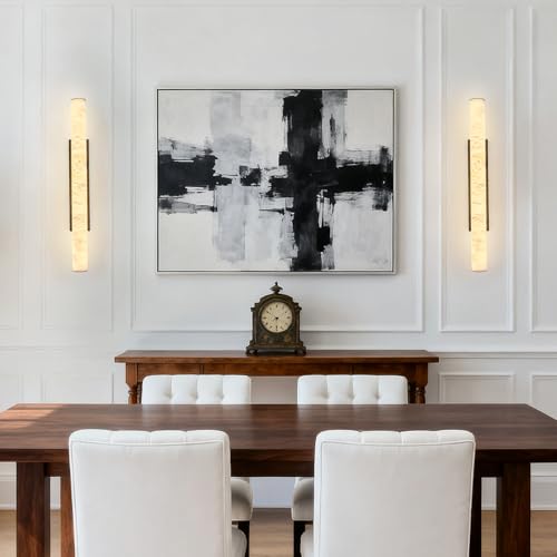 Natural Alabaster Wall Sconces Spanish Marble Wall Light Cylinder Modern Black LED Sconce for Living Room Bedroom Bathroom Stairs（L
