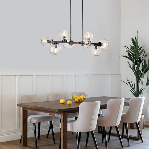 Modern Linear Chandeliers 8 Light Clear Glass Dining Room Light Fixture 39"" Black Mid Century Chandelier Pendant Light for Living Room Kitchen Island