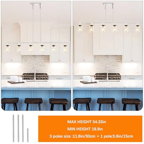 6 Light Kitchen Island Lighting with Glass Shade and Adjustable Rods
