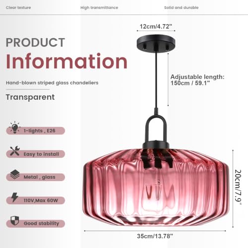 Hand Blown Glass Pendant Light Fixture Purple 13.78" Ceiling Light