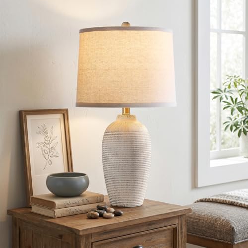 25" Vintage Ceramic Table Lamp for Bedroom Living Room (Retro Beige)