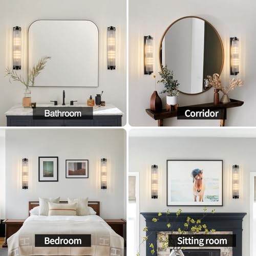 Black Wall Sconces Set of Two with Crystal Glass Strip Bathroom Sconces 2 Light E12 Base Modern Wall Lights for Bedroom Living Room Hallway Wall Light Fixtures