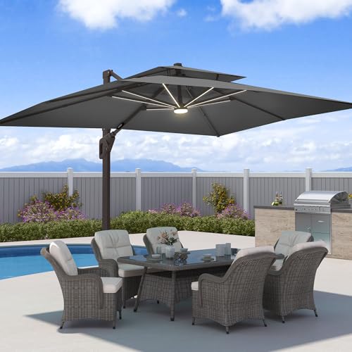 10x13FT Patio Cantilever Outdoor Offset Umbrella with LED Lights