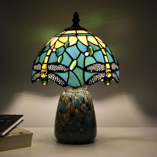 Tiffany Mushroom Table Lamp Dragonfly Style Blue Yellow Stained Glass Accent Lamp Brown Blue Glass Base 8X8X12 Inch
